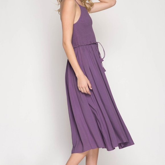 Misty Purple Smocked Midi Dress Flirty Romantic ! - Picture 4 of 4
